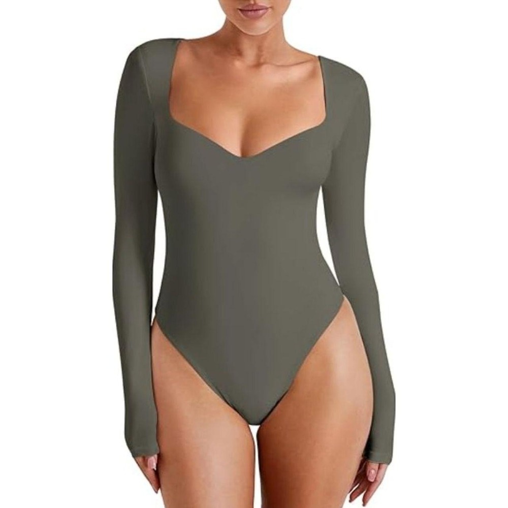 Reoria Women's Gray/Green Sweetheart Neck Long Sleeve Thong Bodysuit Size Large - Picture 1 of 8
